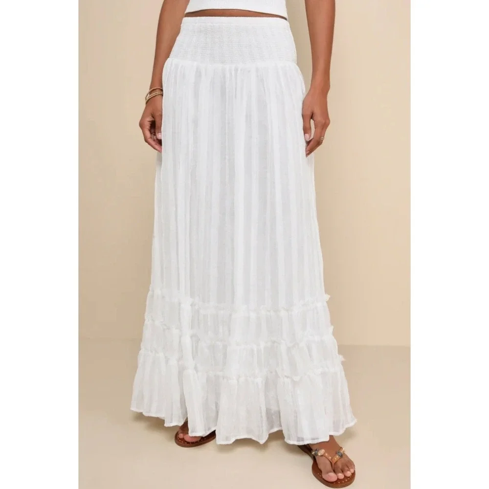 Lulus White Smocked Tiered Maxi Skirt Boho Flowy Textured Small